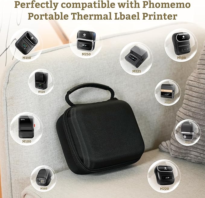 Phomemo Case for M110/M220/M250/M221/M108 Label Maker,Oxford Fabric Waterproof & Shockproof Portable Label Printer Storage Bag for Labels Roll, USB Cable, Black (Only Bag)