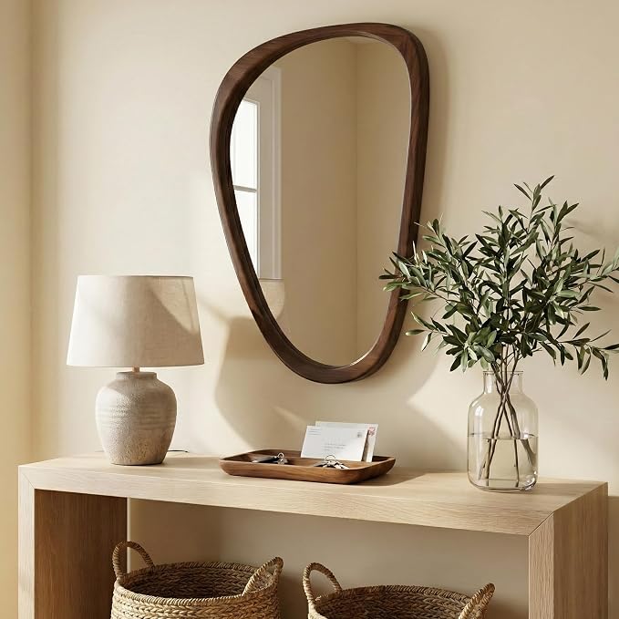 Solid Wood 30"x20" Irregular Asymmetrical Wall Mirror, Japandi Boho Mid-Century Modern Decorative Accent Mirror, Small Organic Shaped Wooden Wall-Mounted Mirror, Dark Walnut