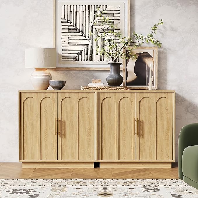 FORTUNETEC Sideboard Buffet Cabinet with Storage Set of 2, Mid Century Modern Accent Cabinet with Arched Doors, Modular Media Console, Credenza for Living Room Kitchen Dining Room Entryway, Oak