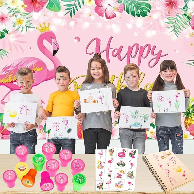 36PCS Pink Bird Party Favors - 24PCS Pre-Cut Temporary Tattoos & 12PCS Stamps - Ideal Hawaiian Summer Tropical Luau Themed Birthday Card Decorations Supplies Goodie Bag Kids Gifts Classroom Rewards