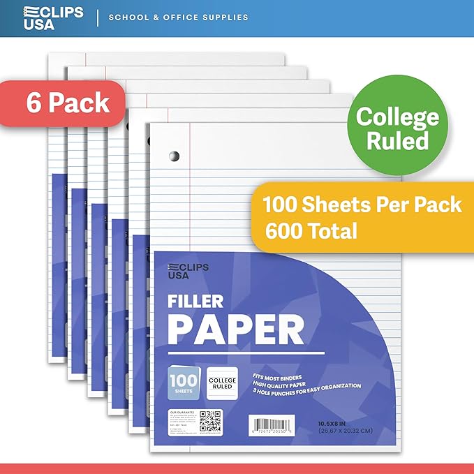 Loose Leaf Paper College Ruled Notebook Paper College Ruled Lined Writing Filler Paper 10.5” x 8” 600 Sheets 100 Sheets Per Pack 60 gsm (6 Pack)