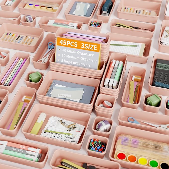 45 Pack Pink Plastic Drawer Organizer Trays - 3-Size Storage for Kitchen, Bathroom, Office, Vanity, Makeup, Utensils, Junk Drawer Organizer Bins, Gadget Trays