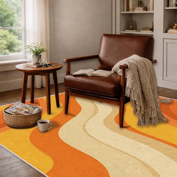 Sunset Flow Area Rug 3x5, Modern Abstract Wave Rug, Retro Orange Neutral Carpet for Living Room Bedroom, Soft Non Slip Washable Rug