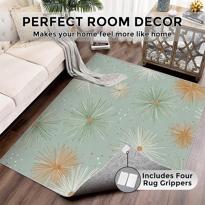 Mid Century Modern Rugs for Bedroom 5x6 ft, Starburst Area Rugs for Living Room, Washable Non Slip Low Pile Retro Atom Carpet, Home Decor PF-P 107