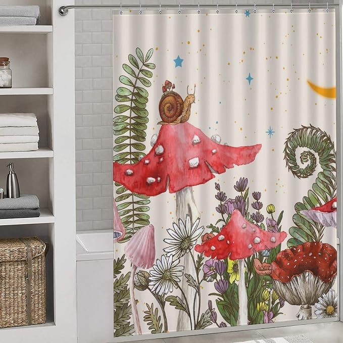 Mushroom Shower Curtain, Wild Floral Botanical Moon Star Daisy Cottagecore Nature Botanical Plants Herbs Farmhouse Waterproof Fabric Bathroom Shower Curtain Set with Hooks, 72"x78" Inch