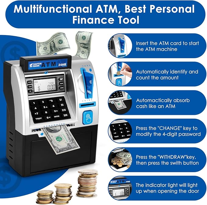 ATM Piggy Bank for Real Money – Mini ATM Bank Machine with Card & PIN, Coin & Note Recognition, Balance Calculator – Fun Electronic ATM Savings Bank for Teenagers & Adults
