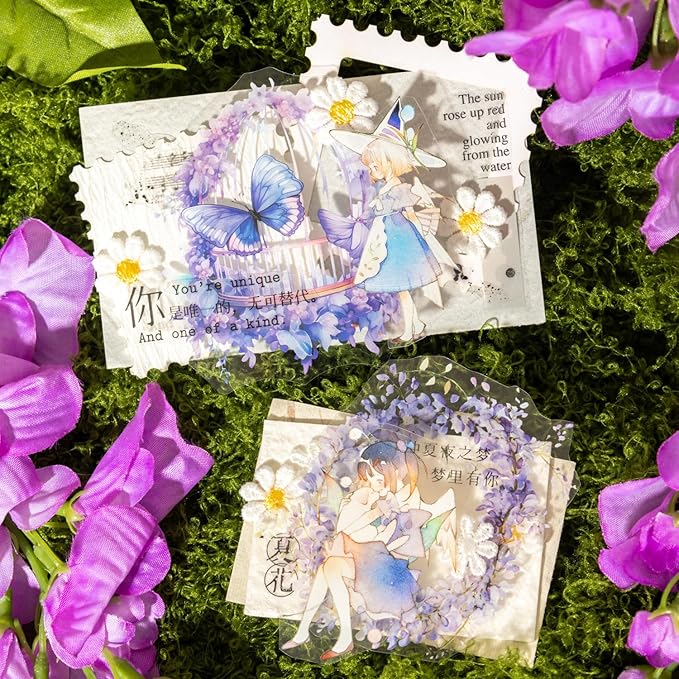 AuriicLeaf Wisteria Floral PET Sticker Set, 60Pcs Purple Flower Stickers for Scrapbooking, Journaling, Junk Journal Supplies, and DIY Crafts