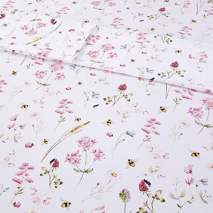 RYNGHIPY Shabby Floral Bees Print Bedding Sheets with Pillowcases, Breathable Egyptian Cotton Bed Sheet Set (Bee,Full Size)