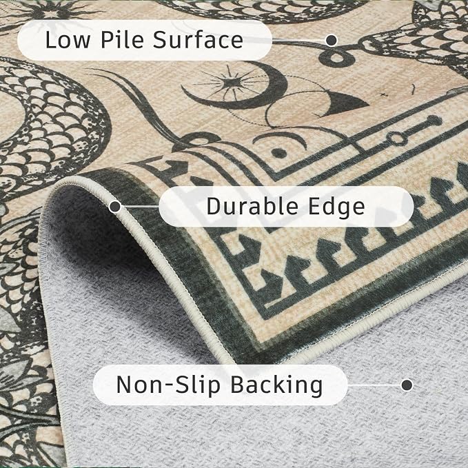 DCX Washable 3x5 Snake Rug, Beige Gothic Rug for Living Room, Soft Low Pile Carpet, Kid & Pet Friendly with Rubber Back Non Slip, Stain Resistant Rug for Bedroom Dining Room Office