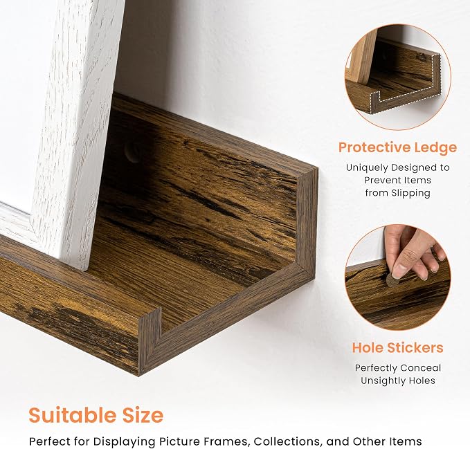 RICHFOCUS Picture Ledge Shelf, 55 inch Floating Shelves Set of 2, Wood Wall Shelves with Lip, Wall Decor Storage for Bedroom Living Room Bathroom Kitchen Nursery Photo Picture, Rustic Brown