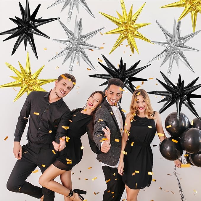 Black Gold Silver Star Balloons,9Pcs 22Inch Black Silver Gold Explosion Spike Cone Helium Polyester Film Star Foil Balloons for Birthday Anniversary Baby Shower Disco Party Decorations