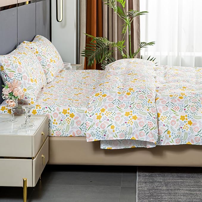 Bedlifes Full Sheet Set Ultra Soft, Breathable, Silky Flower Deep Pocket 100% Microfiber Bedding, 4 Piece Full Size Floral