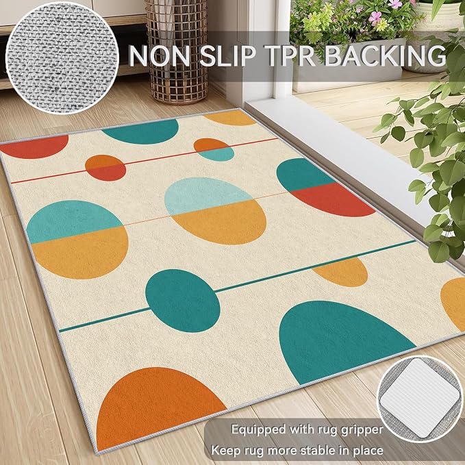 Mid Century Modern Area Rug 7x7, Washable Non Slip Low Pile Abstract Geometric Carpet for Living Room Bedroom Dining Room, Minimalist Retro Circle Accent Rug, Ivory Teal Mustard Orange