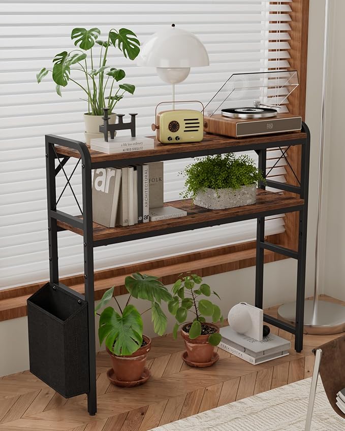 VERSASKY Desktop Shelves, Monitor Stand with Adjustable Shelves and Side Pockets, 2-Tier Desktop Bookshelf Organizer, Large Capacity Display Shelf Rack, Desk Hutch for Home Office, Rustic Brown
