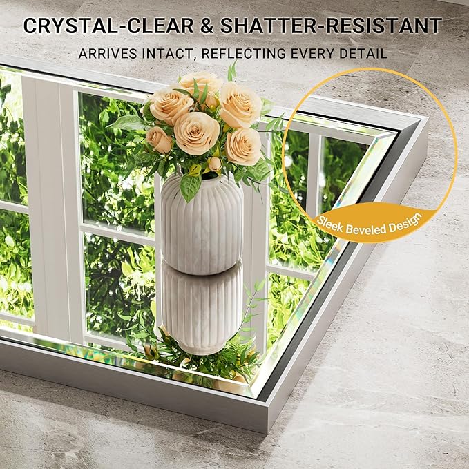 Silver Bathroom Mirror, 22x30 Inch Beveled Rectangle Wall Mounted Mirror, Anti-Rust Silver Metal Framed Vanity Mirror (Vertical/Horizontal)