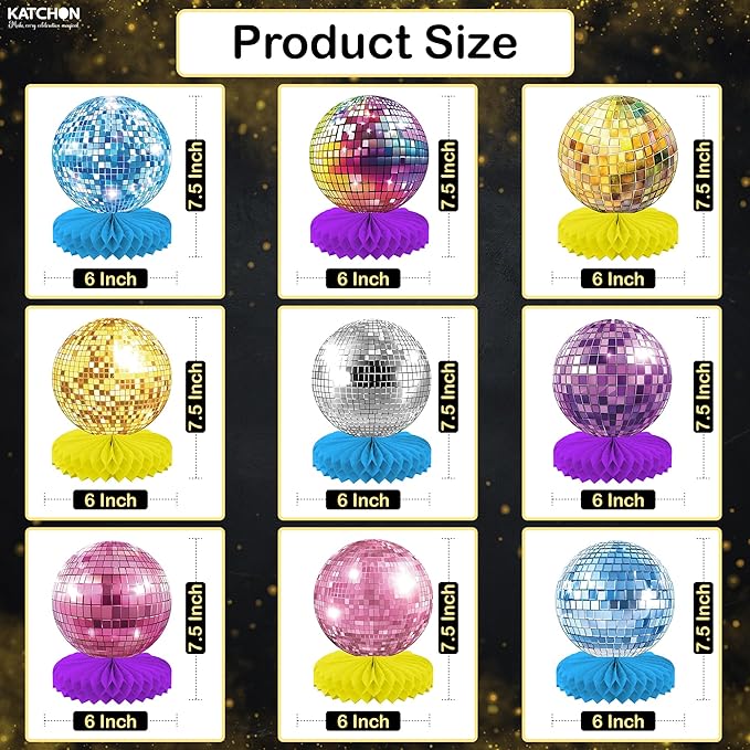 KatchOn, Disco Ball Centerpieces - Pack of 9 | New Years Centerpieces for New Years Decorations 2026 | Colorful Disco Ball for Disco Ball Party Decorations | 80s, 90s Theme Party Decorations