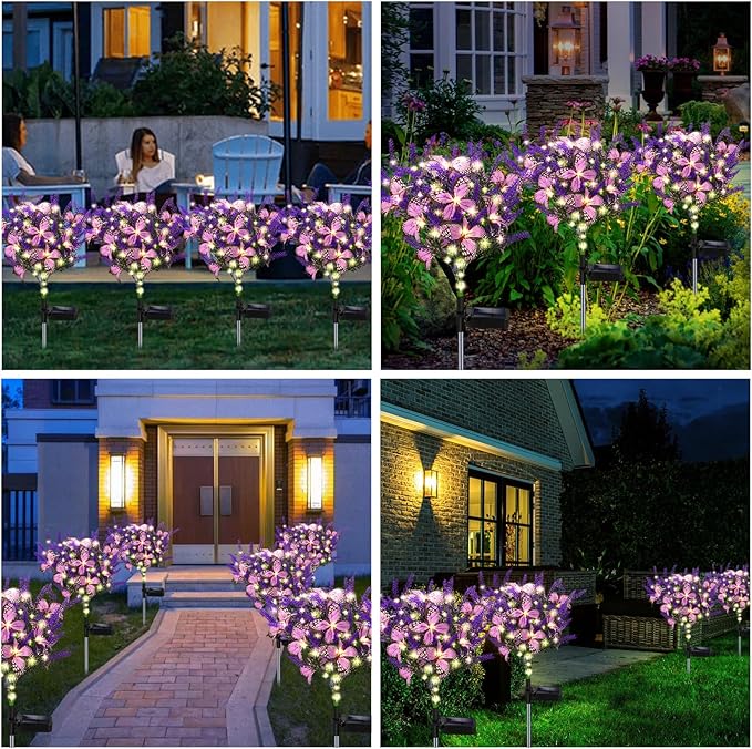 Kohlrabi Solar Garden Lights Outdoor, 4 Pack Purple Lavender Solar Butterfly Lights Gardening Gifts for Women, Artificial Flower with Butterfly Purple Garden Decor for Lawn Patio-Warm White