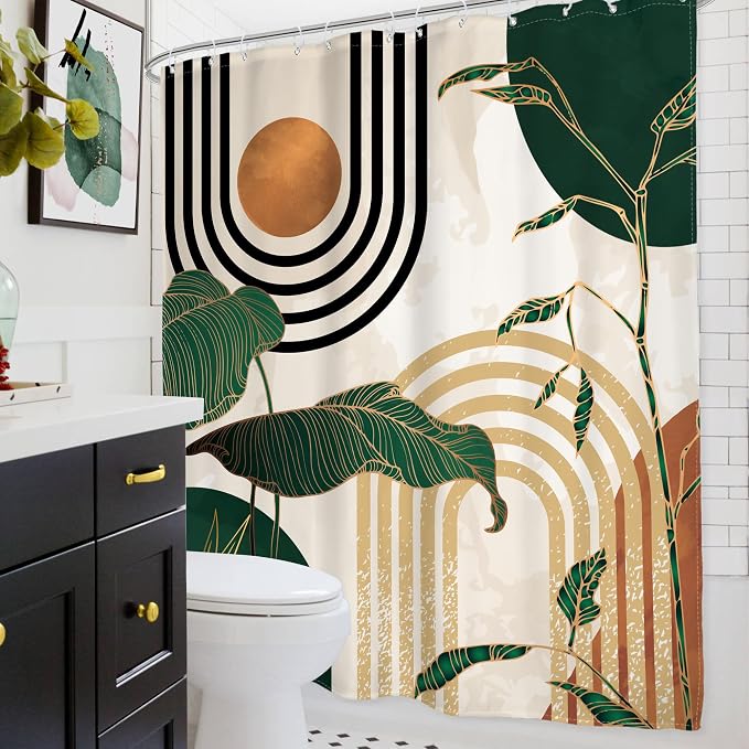 Glawry Extra Long Shower Curtain 72Wx84L Inches Boho Abstract Mid Century Green Tropical Palm Tree Bathroom Minimalist Modern Aesthetic Geometric Bath Accessories Art Home Decor Fabric 12 Pack Hooks