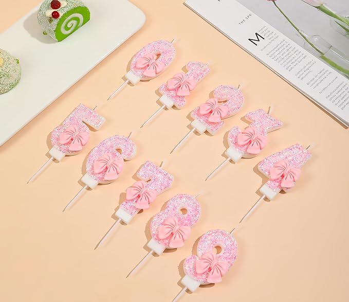 Number 14 Candle Pink Sequins and Bowtie 14th Cake Topper, 14 Birthday Candle for Girls Pastel Sweet Theme Birthday Party or Adults Milestone Age Decoration