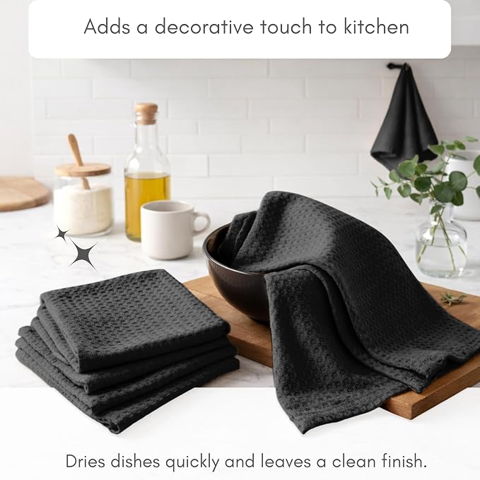 TWINY threads Kitchen Towel Waffle Weave, 12 Pack, 16x26 Inch, Premium Cotton Dish Rags, Absorbent Quick Drying Linen Set for Home, Restaurant Kitchens, Reusable Wash Cloths for Drying Dishes, Black