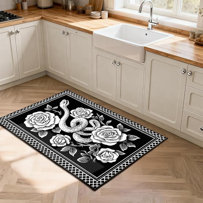 3'x5' Gothic Snake and Rose Area Rug Black and White Floral Vine Floor Mat Retro Boho Carpet Washable Low Pile Indoor Rugs for Entryway Bedroom Living Room Kitchen Home Decor