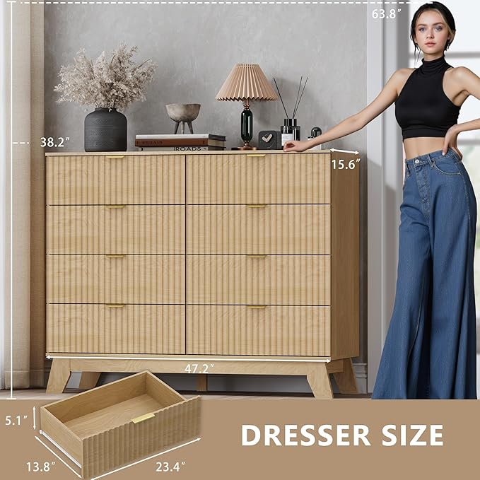BORNOON Fluted 8 Drawer Tall Dresser, 47.2" Wide Modern Boho Chest of Drawers, Wooden Storage Dresser TV Stand for Bedroom, Living Room, Closet, Hallway, Curved Profile Design