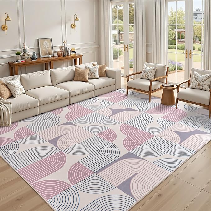 Living Room Rugs 6x9, Soft Modern Geometric Pink Rug for Bedroom, Washable Non-Slip Indoor Floor Boho Abstract Carpet for Dining Room Nursery Home, Pink/Purple
