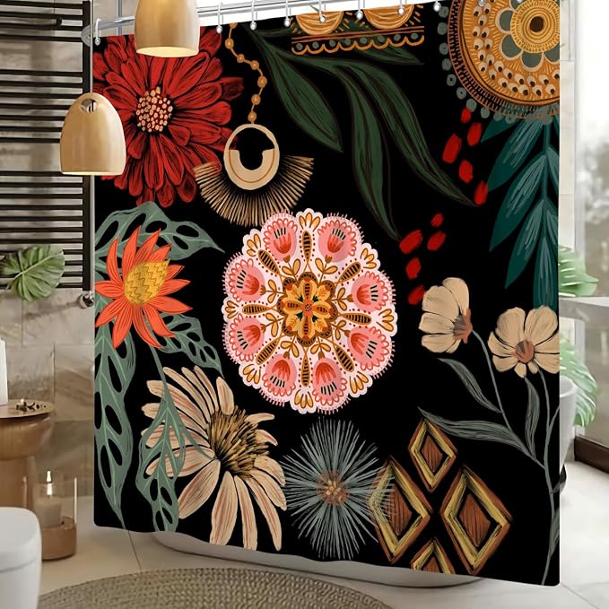 Black Boho Floral Shower Curtain Abstract Botanical Mid Century Modern Bathroom Decor Tropical Flower Shower Curtain with 10 Hooks,60x72 inches