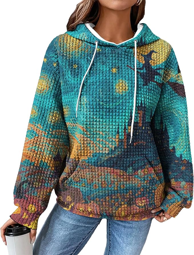 Halloween Sweatshirts for Women Novelty Graphic Drawstring Waffle Hoodies Loose Casual Pullover Tops with Pocket