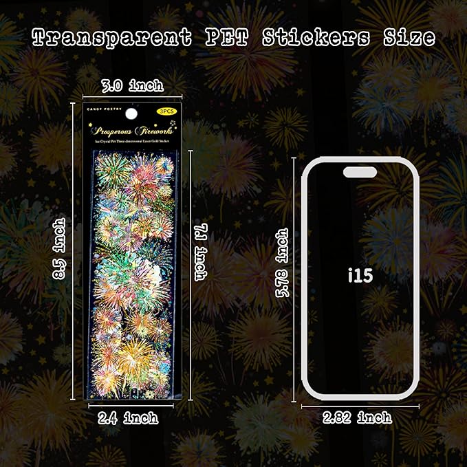 Holographic Fireworks Stickers for Journaling and Crafts, 12 Sheets Transparent PET Stickers for Scrapbooking, Junk Journal Supplies, Collage, DIY Paper Arts Decorative