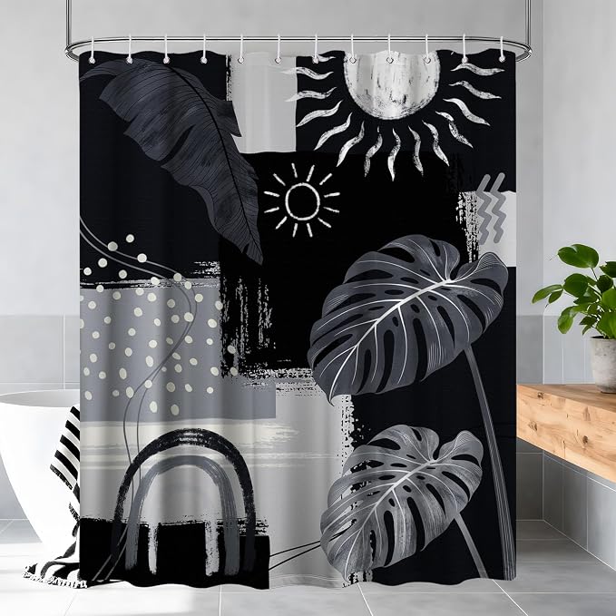 Black and Gray Mid Century Modern Shower Curtain Bohemian Abstract Dark Black and Grey Shower Curtains for Bathroom Decor Sets, Waterproof Cloth Fabric with Hooks, 60x72 Inch