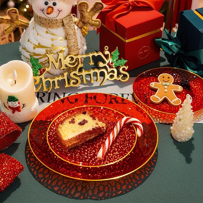 Rubtlamp 60 Pcs Red Plasitc Plates, Gold Red Disposable Plates, Fancy Party Plates, Hammered Plastic plates Include 30 Dessert Platos, 30 Dinner Platos for Party, Thanksgiving&Christmas