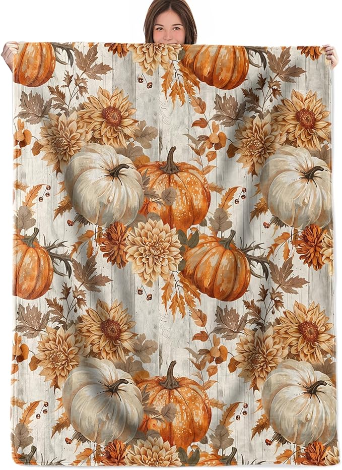 Fall Pumpkin Floral Throw Blanket Gifts for Boys Girls Kids Adults, Autumn Harvest Theme Flannel Blankets for Travel Sofa Living Room Decor 50"X60"