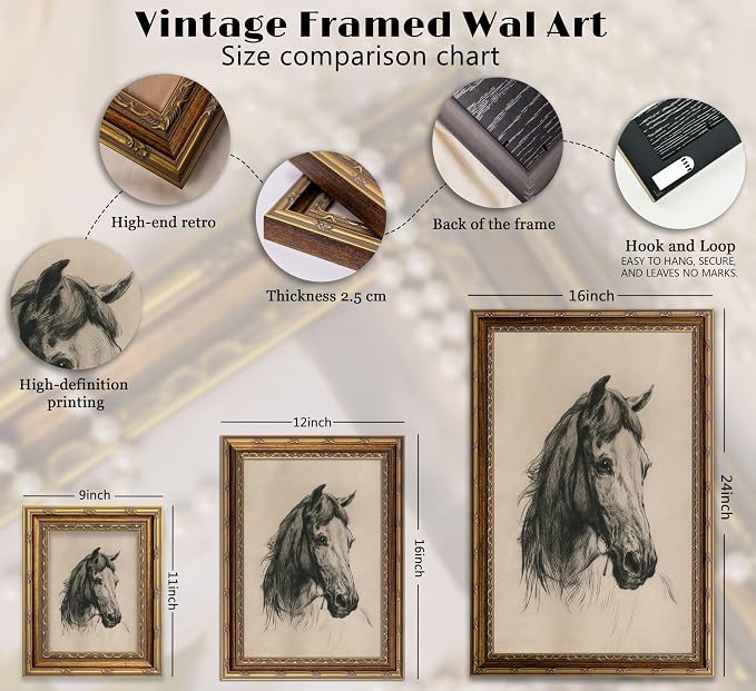Vintage Gold Framed Horse Sketch Canvas Wall Art Retro Horse Wall Decor Vintage Farmhouse Animals Sketch Print Artwork Retro Rustic painting Picture for Farmhouse Bedroom Living Room 9X11in