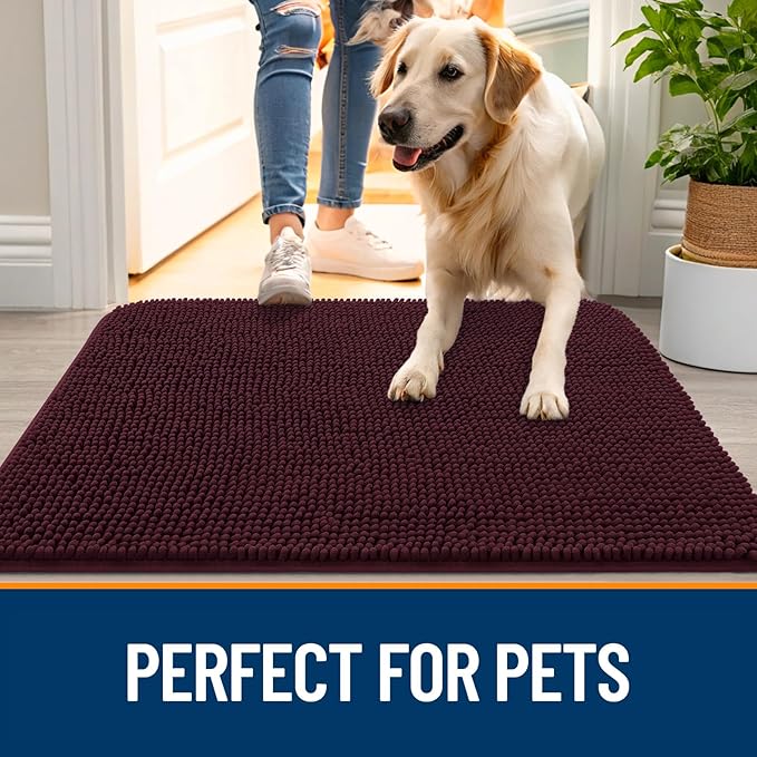 OLANLY Dog Door Mat for Muddy Paws 47x24, Absorbs Moisture and Dirt, Absorbent Non-Slip Washable Doormat, Quick Dry Chenille Mud Mat for Dogs, Entry Indoor Entryway Carpet for Inside Floor, Russet