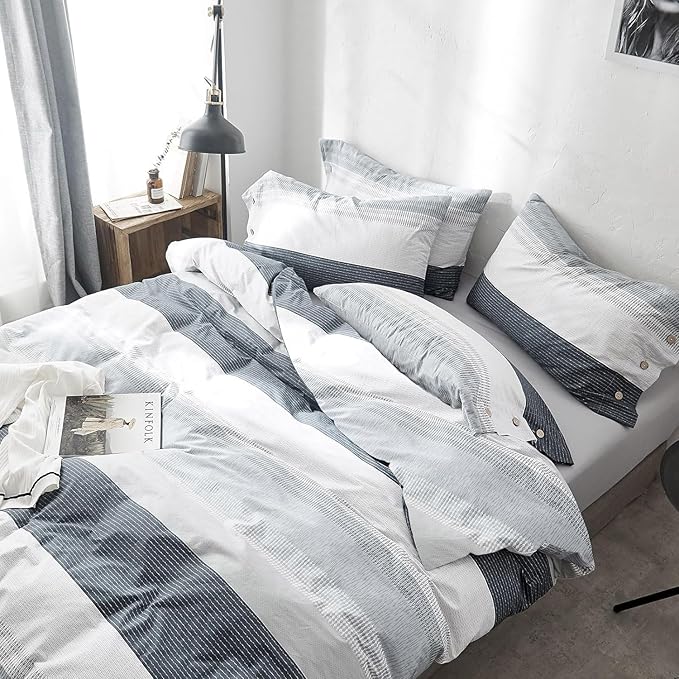 LifeTB Striped Comforter Set King Size, Blue Grey Stripes Pattern Printed Bedding Set, 3 Pieces Lightweight Bedding Comforter Set, Stripe Soft Fluffy Bed Set King Comforter with 2 Pillowcases