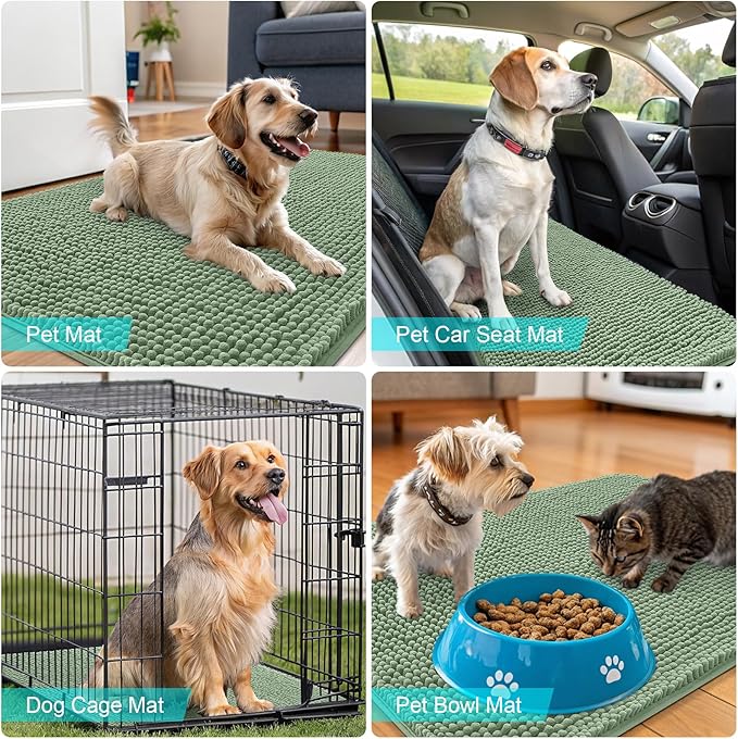 OLANLY Dog Door Mat for Muddy Paws 48x30, Absorbs Moisture and Dirt, Absorbent Non-Slip Washable Doormat, Quick Dry Chenille Mud Mat, Entry Indoor Entryway Carpet for Inside Floor, Olive Green