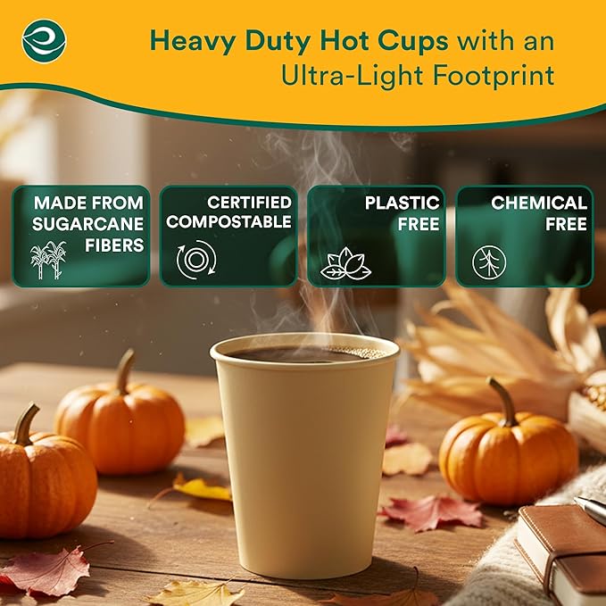 ECO SOUL 200 Pack 8 oz Disposable Coffee Cups Eco-Friendly, Biodegradable, Compostable, Leak-free & Sturdy To Go Hot Drink Travel Bagasse Cup for Tea, Chocolate, Party, Picnic & Cafe, Office & Home
