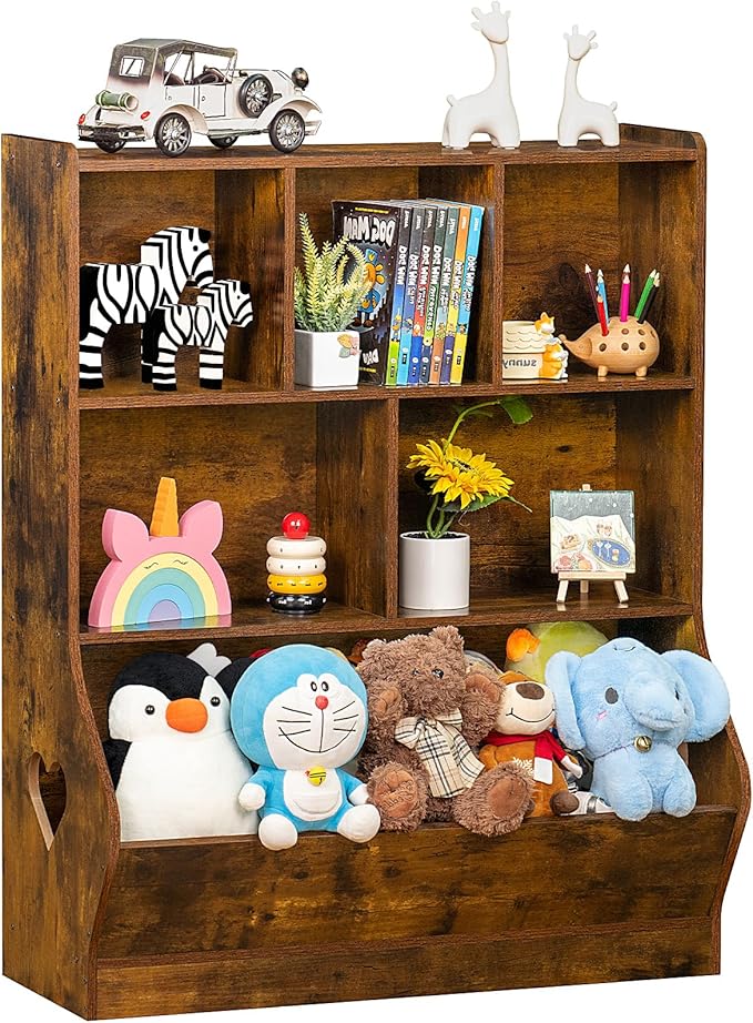 Lerliuo Kids Toy Storage Organizer, 3 Tier Children Small Bookcase and Bookshelf, Toddler 7 Cubby Toy Storage Cabinet, Toy Shelf for Playroom, Bedroom, Living Room, Nursery, School 29.53'' H (Brown)
