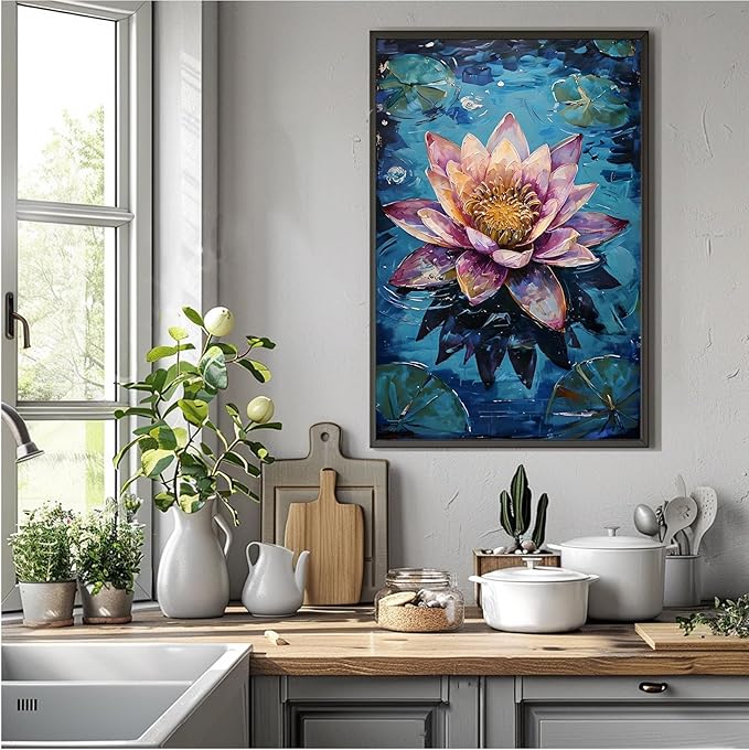 Gorgeous pink and purple water lilies on deep blue water Eye-catching oil painting Serene aquatic wall art for modern home decor 24x36in Metal blackFramed