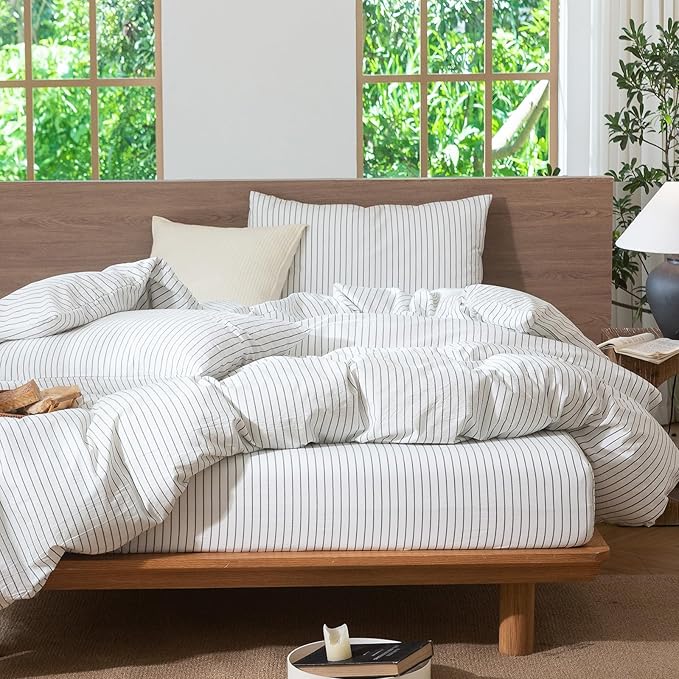 MooMee Striped Duvet Cover Set 100% Washed Cotton Linen Like Textured Breathable Durable Soft Comfy (White Heathered Green Wide Stripes, Super King 108"x98")