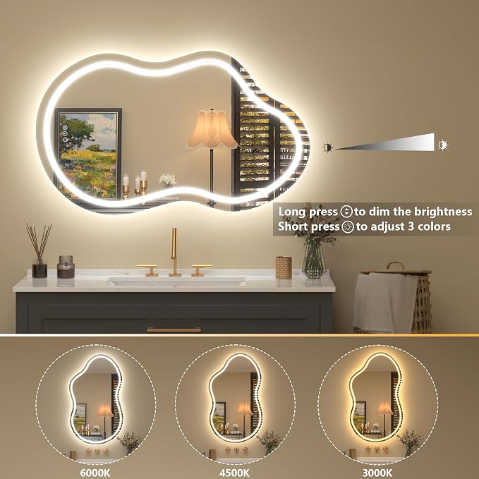 48x26 Inch Irregular LED Backlit Bathroom Mirror, Asymmetrical Cloud Led Lighted Vanity Mirror for Wall, Anit-Fog, Dimmable, Memory, 3 Colors, Shatterproof(Horizontal/Vertical)