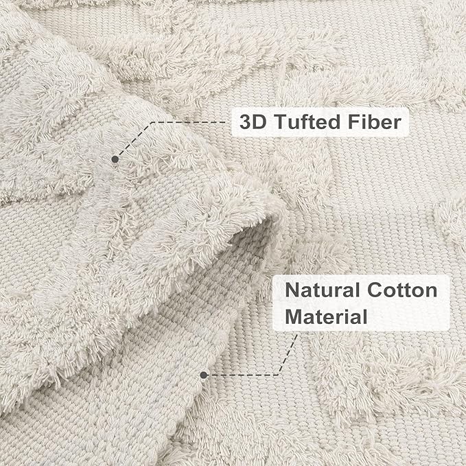 Uphome Boho Bathroom Runner Rug 2' x 4.3', Washable Woven Cotton Bedroom Rug Runners, Beige Aesthetic Tufted Entryway Runner Rugs, Bohemian Tribal Throw Rugs for Bedside Living Room Laundry Kitchen