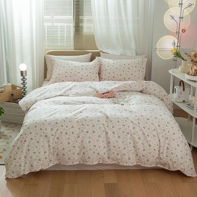 Girls Floral Comforter Set Twin XL Garden Flower Print Bedding Sets Soft Fluffy Vintage Pink White Floral Bedding Comforter Set Cottagecore Botanical Flowers Comforter with 2 Pillowcases Twin XL Size