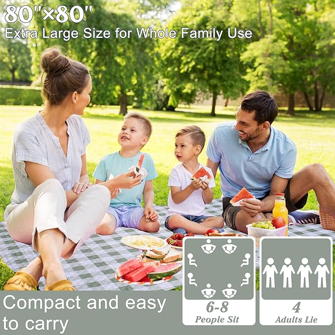 Extra Large Picnic Blanket 80''x 80'' Waterproof Foldable Picnic Mat for Beach, 5-Layer Outdoor Blanket for 6 to 8 Adults,Camping Grass Lawn Park Accessories Couple Park Wedding Registry(Green)