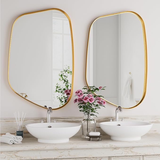 Irregular Wall Mirror 22"x30" Bathroom Mirrors Asymmetrical Artistic Decorative for Living Room Bedroom Bathroom Hallway Entryway,Trapezoid,Gold