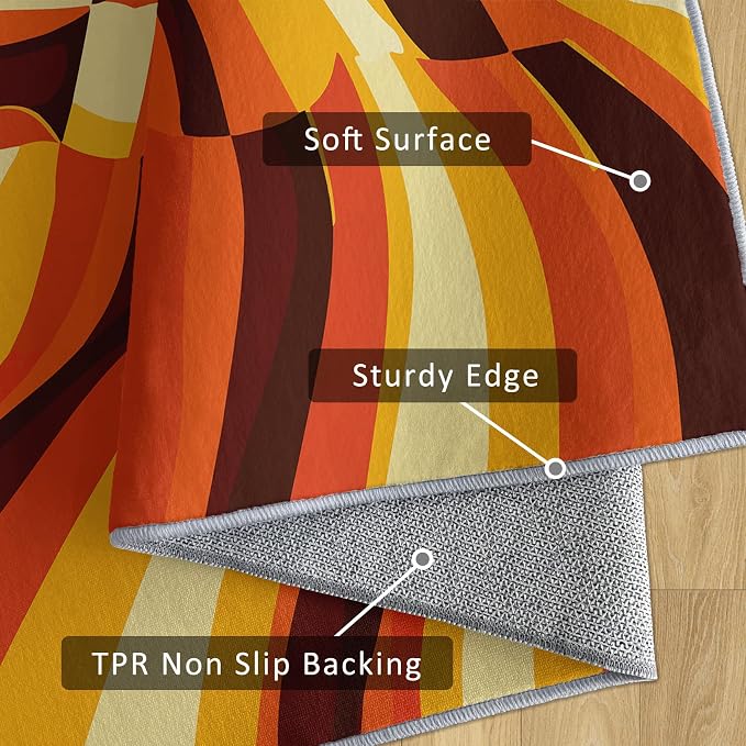 70s Retro Rugs 8x10, Orange Brown Abstract Washable 8 x 10 Area Rug for Living Room, Bedroom, Low Pile Non Slip Stain Resistant Carpet, 70s Orange Home Decor Accessories & M837