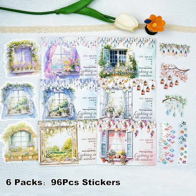 AuriicLeaf Romantic Window PET Stickers, 96pcs Dreamy Floral and String Light Decorative Sticker for Scrapbooking, Journaling, DIY Crafts, Planner Supplies