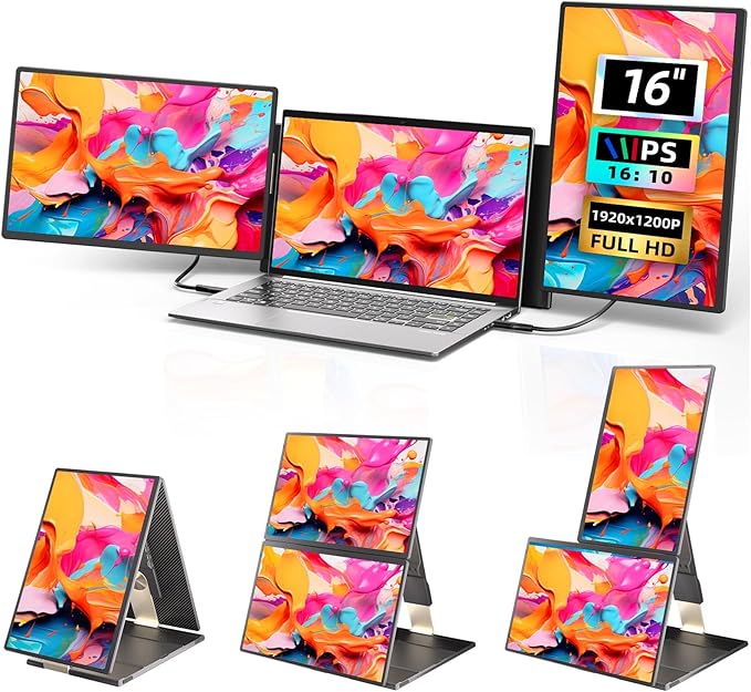 Larksmile Triple Laptop Screen Extender, 16" Triple Screen Laptop Monitor Extender, FHD 1200P IPS Triple Monitor, 235° Rotation Plug&Play for Multi-Screen Work/Travel/Conference/Study