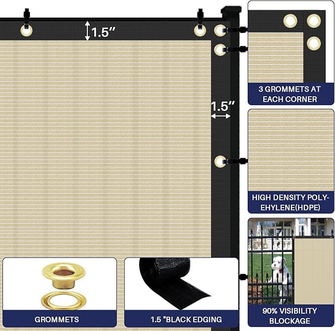 Windscreen4less Privacy Fence Screen Heavy Duty Windscreen Fencing Mesh Fabric Shade Net Cover with Brass Grommtes for Outdoor Wall Garden Yard Pool Deck, 6'x77' Beige
